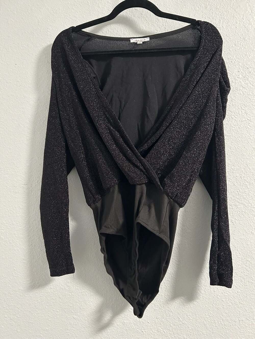 White Birch Black Glitter Shimmer Long Sleeve Wrap Bodysuit Size Small